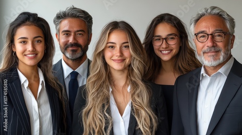 Portrait of a diverse business group, including teens and seniors, formal attire, isolated, white background