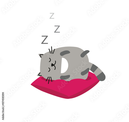 Sleeping cat on fluffy soft pillow. Vector illustration. A charming grey cat sleeps isolated on a white background.