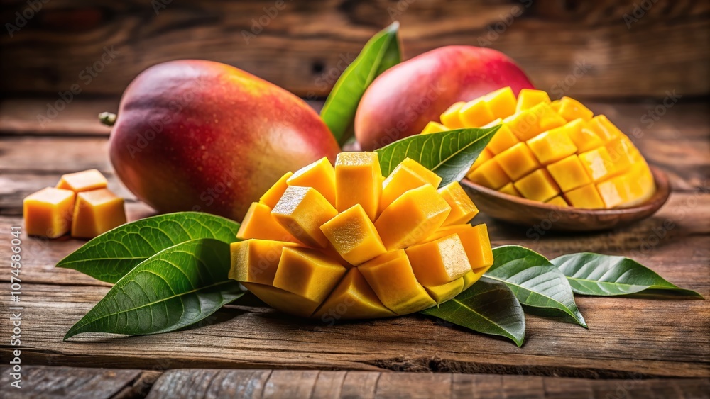 Whole Mango and Cubed Mango with Leaves on Wooden Table – A Fresh and Vibrant Still Life Arrangement for Food Photography and Culinary Inspiration Whole Mango and Cubed Mango with Leaves on Wooden Table – A Fresh and Vibrant Still Life Arrangement for Food Photography and Culinary Inspiration