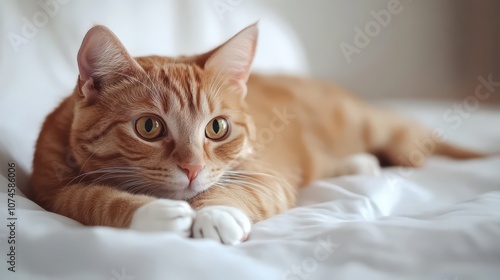 A vibrant orange tabby cat is comfortably lying on a bright white background, its striking fur and expressive eyes creating a lively scene.