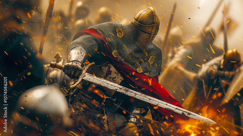 Naklejka premium Brave knight fighting with his sword at cruel medieval battle. Postproducted generative AI illustration.