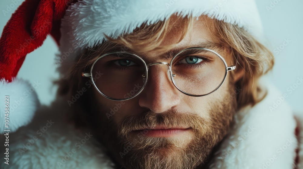 A young man poses with round spectacles and a Santa hat, blending seasonal joy and youthful spirit in this festive, stylish portrait of holiday cheer. A young man poses with round spectacles and a Santa hat, blending seasonal joy and youthful spirit in this festive, stylish portrait of holiday cheer.