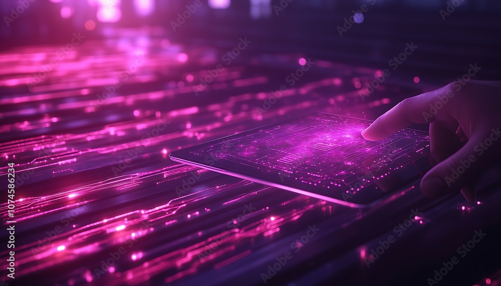 A hand interacts with a glowing, digital surface filled with vibrant, pink particles, representing advanced technology and data visualization. A hand interacts with a glowing, digital surface filled with vibrant, pink particles, representing advanced technology and data visualization.