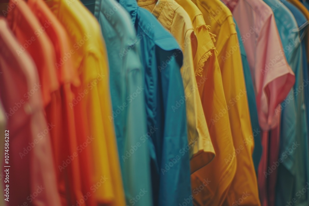 A collection of vibrant shirts displayed on a rack, perfect for use in fashion or lifestyle context A collection of vibrant shirts displayed on a rack, perfect for use in fashion or lifestyle context