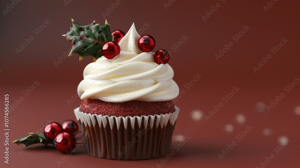 Freshly baked cupcake topped with white frosting and red berries, great for food photography or desserts Freshly baked cupcake topped with white frosting and red berries, great for food photography or desserts