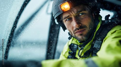 focused man in yellow waterproof jacket and helmet, braving rain. His expression shows determination and resilience in challenging weather conditions