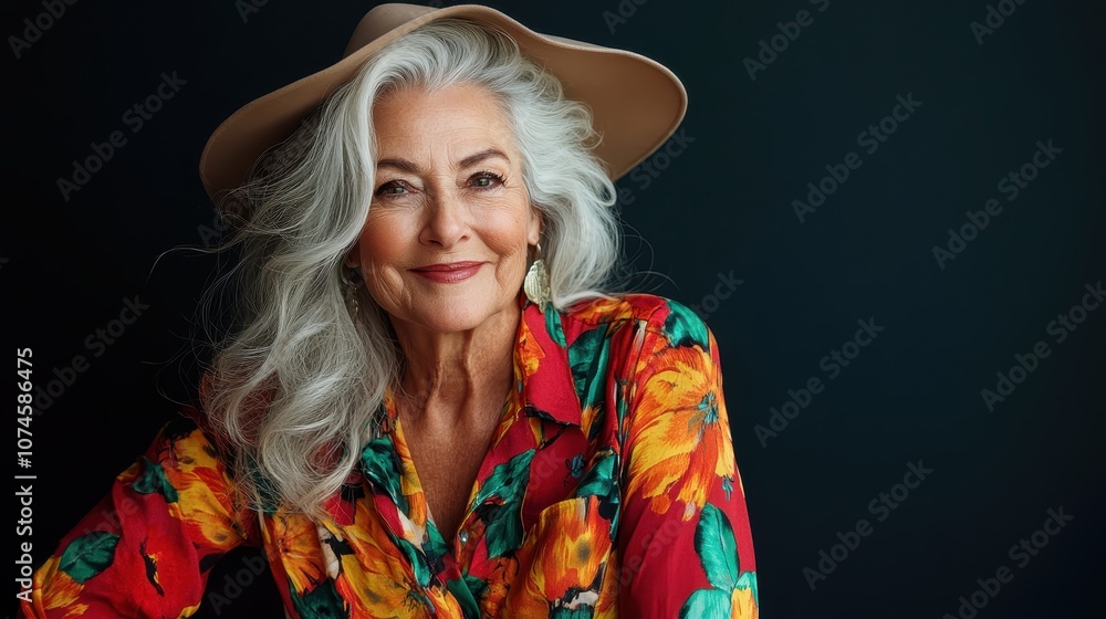 Graceful older woman with long white hair in a brown hat and colorful floral blouse, displaying elegance and poise against a dark background. Graceful older woman with long white hair in a brown hat and colorful floral blouse, displaying elegance and poise against a dark background.