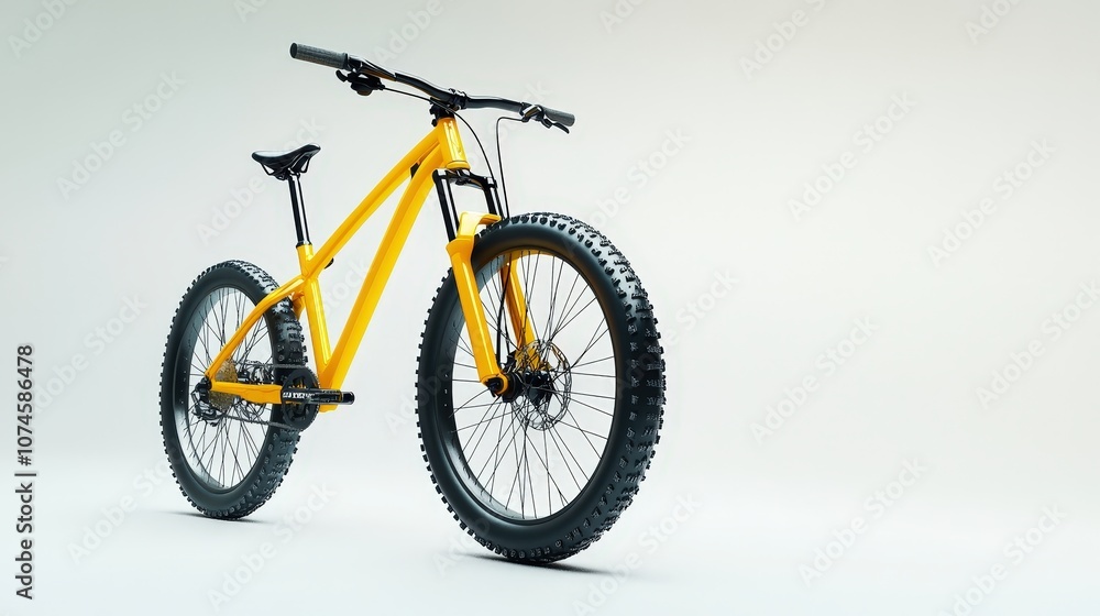 A vibrant yellow mountain bike, equipped with rugged tires and a strong frame, stands boldly against a clean white background. A vibrant yellow mountain bike, equipped with rugged tires and a strong frame, stands boldly against a clean white background.