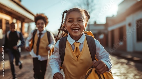 Three children in bright yellow vests laugh and run on a sunlit street, epitomizing the essence of lively youth and the carefree spirit of childhood. photo