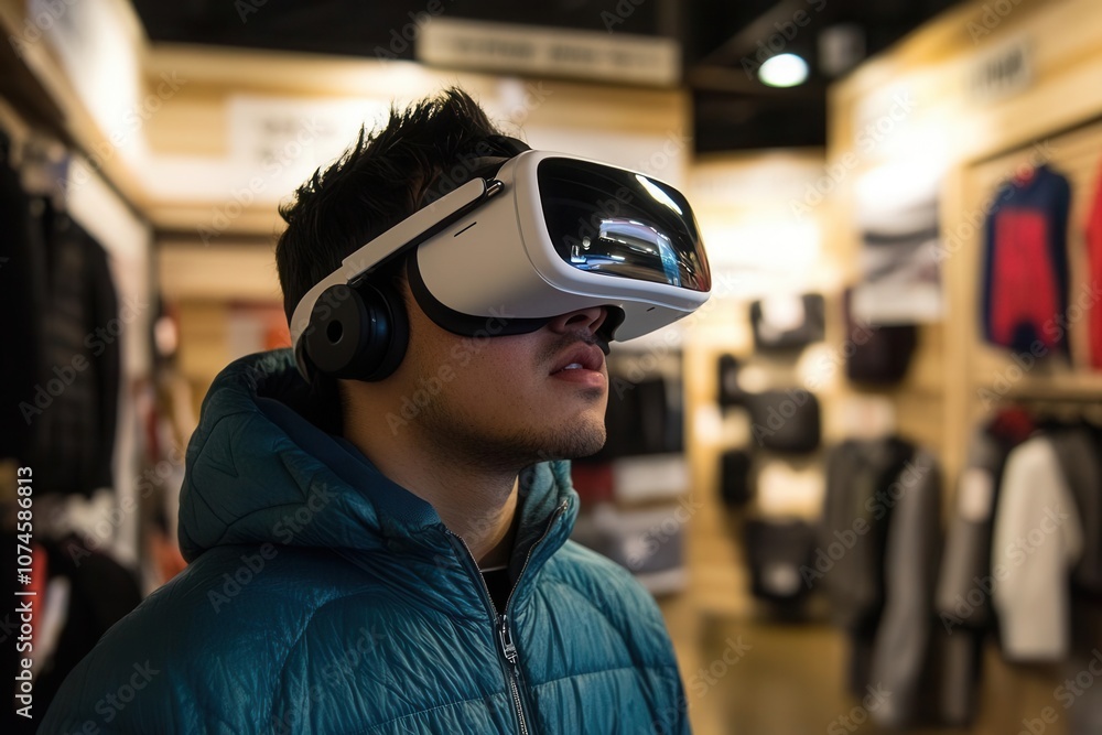 A person experiences virtual reality in a retail store, showcasing immersive technology for modern shopping. A person experiences virtual reality in a retail store, showcasing immersive technology for modern shopping.