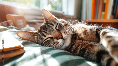 A serene tabby cat is comfortably napping on a cozy blanket bathed in warm sunlight, creating a peaceful and tranquil atmosphere in the room.