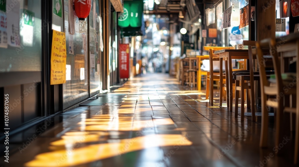 A busy market alley is depicted, showing tables and chairs along the sides, with sunlight casting dynamic shadows across the polished floor, suggestive of lively commerce. A busy market alley is depicted, showing tables and chairs along the sides, with sunlight casting dynamic shadows across the polished floor, suggestive of lively commerce.