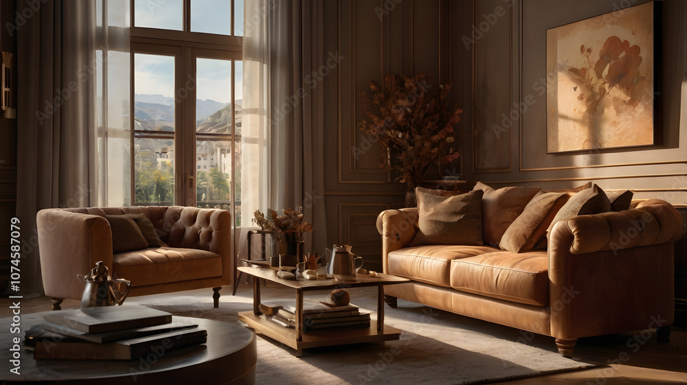 Fototapeta premium living room interior with fireplace, ai generated