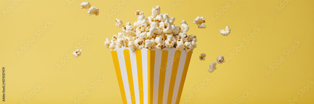 Popcorn jumps from container on yellow background Popcorn jumps from container on yellow background