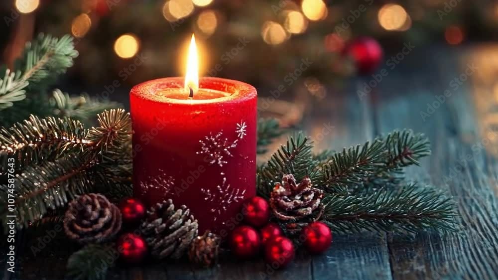 Red candle with Christmas branches on wooden background and golden bokeh background. Red candle with Christmas branches on wooden background and golden bokeh background.