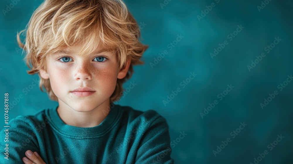 A young boy with blonde hair and a serious expression poses against a vivid blue background, capturing a thoughtful moment, ideal for various thematic needs. A young boy with blonde hair and a serious expression poses against a vivid blue background, capturing a thoughtful moment, ideal for various thematic needs.