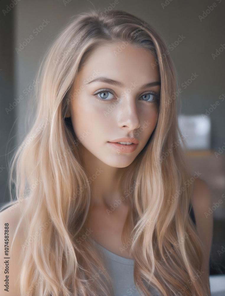 Young Woman with Long Hair and Bright Blue Eyes Young Woman with Long Hair and Bright Blue Eyes