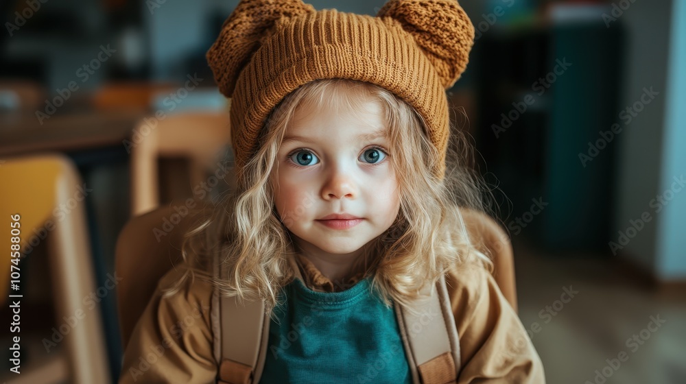 A young child wearing a cute bear-shaped hat sits indoors with a backpack, radiating warmth and charm, set against a soft-focused background. A young child wearing a cute bear-shaped hat sits indoors with a backpack, radiating warmth and charm, set against a soft-focused background.