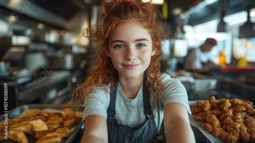 A young cook with curly red hair smiles as she presents a tray of fresh, delicious baked goods, embodying warmth and artisanal mastery in a vibrant kitchen.