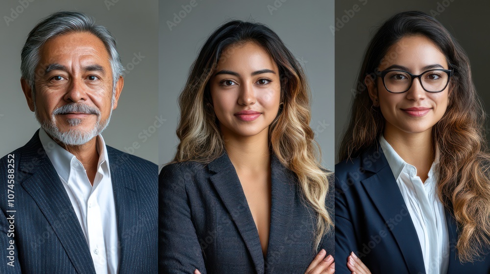 Portrait of Mexican business professionals, various ages, teens and seniors, isolated, white background Portrait of Mexican business professionals, various ages, teens and seniors, isolated, white background