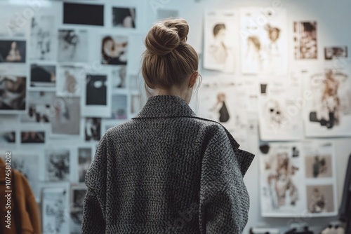 Fashion designer sketching ideas in a modern studio.