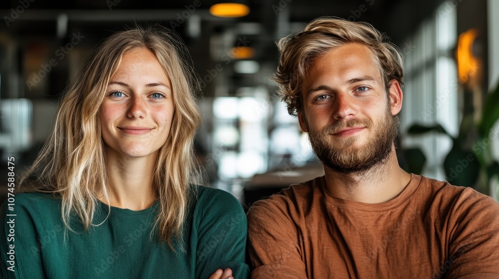 A cheerful pair of young adults, one male and one female, standing close, showcasing friendship and togetherness in a relaxed indoor setting. A cheerful pair of young adults, one male and one female, standing close, showcasing friendship and togetherness in a relaxed indoor setting.