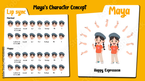 A happy girl cartoon character AKA Maya, little girl cartoon vector. Happy face expressions and lip sync. Set of cute girl with various hand gesture and front and 1/3 standing pose.