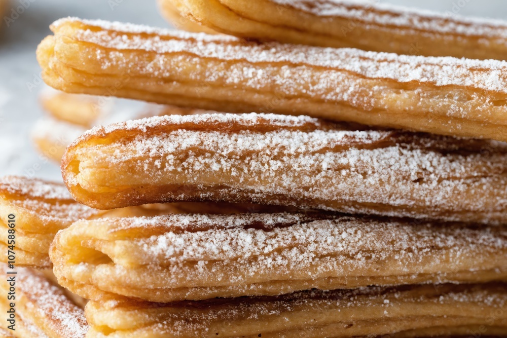 Close-up of sugar-dusted churros stacked on a surface Close-up of sugar-dusted churros stacked on a surface