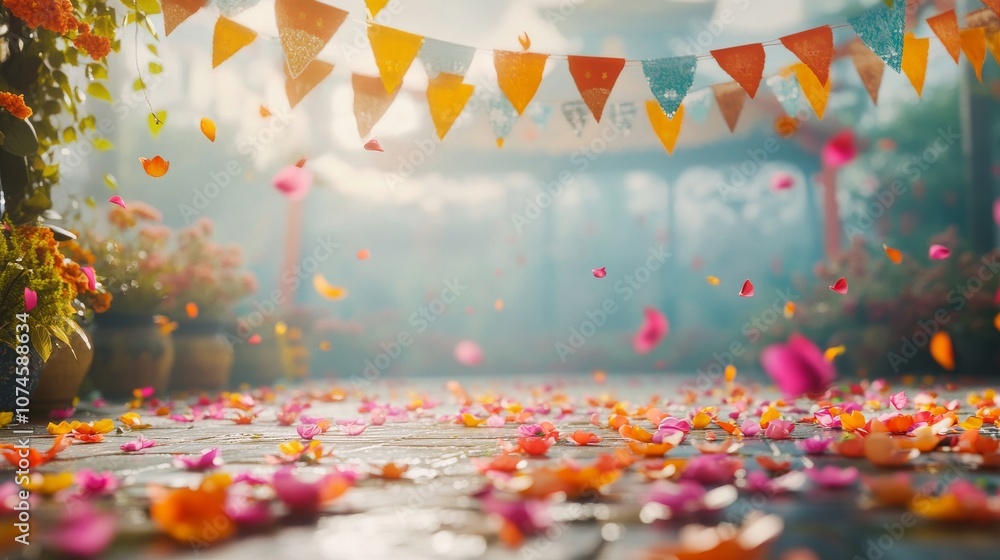 Obraz premium An empty scene featuring blank mockup template against a backdrop of prayer flags and floating petals, honoring Guru Nanakâ€™s teachings of peace and equality, 