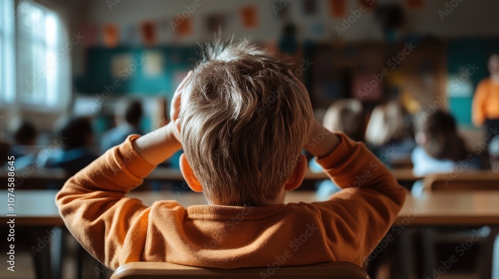 A young student, viewed from behind, leans back with hands on head, contemplating in a quiet classroom filled with peers engaged in studious activities and deep thought. A young student, viewed from behind, leans back with hands on head, contemplating in a quiet classroom filled with peers engaged in studious activities and deep thought.