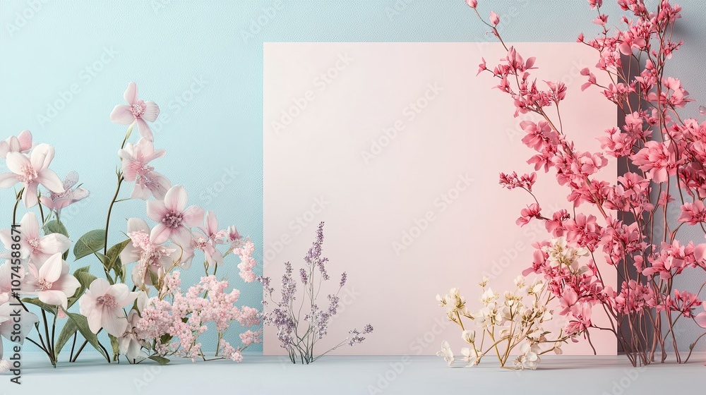 Floral spring background with pink and white blossoms Background with space for text
