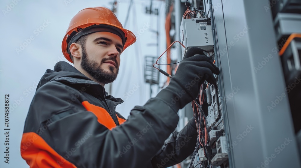 A worker in an orange hard hat and gloves is adjusting equipment on a telecommunications tower, showcasing a focus on safety and technical skills. A worker in an orange hard hat and gloves is adjusting equipment on a telecommunications tower, showcasing a focus on safety and technical skills.