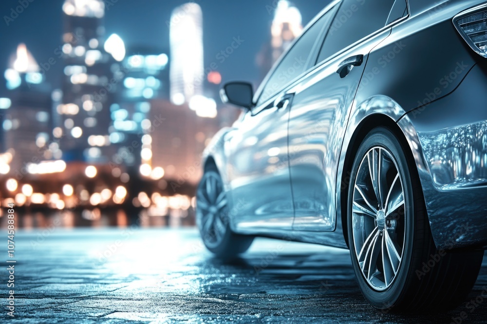 A vehicle parked on a urban street under the stars, great for use in nighttime scenes or cityscape photography A vehicle parked on a urban street under the stars, great for use in nighttime scenes or cityscape photography