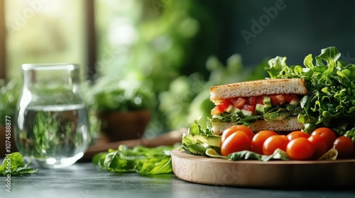 A delicious vegetable sandwich is placed elegantly surrounded by leafy greens and cherry tomatoes, symbolizing health, nutrition, and a balanced lifestyle. photo