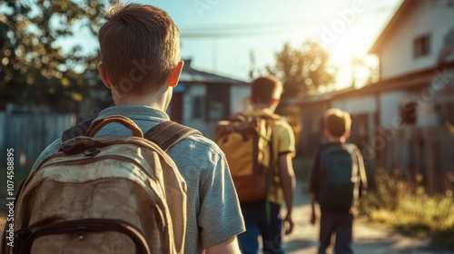 Three children with backpacks walk along a sunlit path to school, their backs turned to the camera, symbolizing the journey towards education and growth.