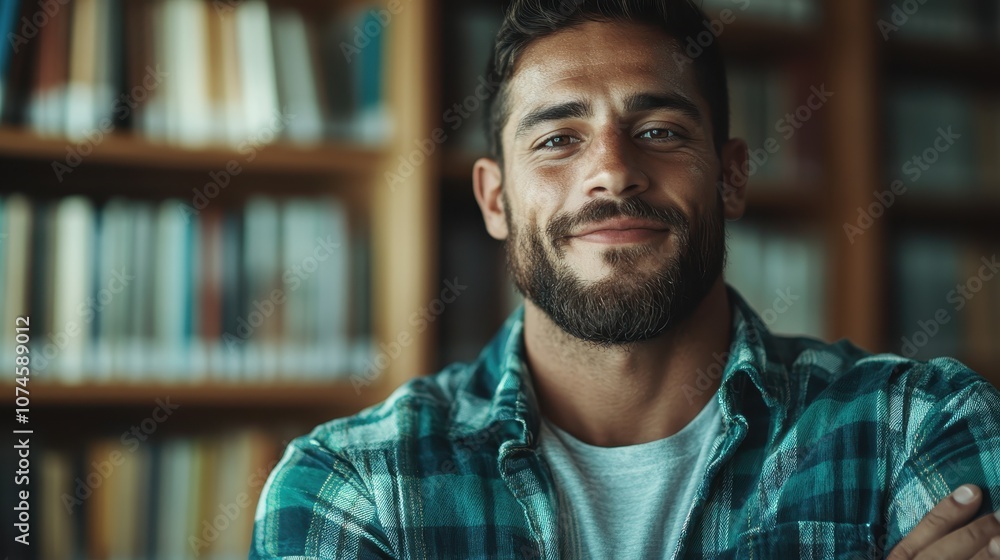 A confident man with a beard stands in a library, wearing a flannel shirt and looking content, with rows of books in the background providing a scholarly vibe. A confident man with a beard stands in a library, wearing a flannel shirt and looking content, with rows of books in the background providing a scholarly vibe.