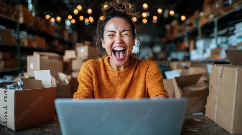 A woman in casual wear joyfully reacts to business success while sitting among boxes and using a laptop in a busy warehouse, reflecting happiness and achievement. A woman in casual wear joyfully reacts to business success while sitting among boxes and using a laptop in a busy warehouse, reflecting happiness and achievement.