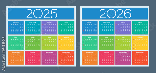 Colorful calendar for 2025 and 2026 years. Week starts on Sunday. Isolated vector illustration.