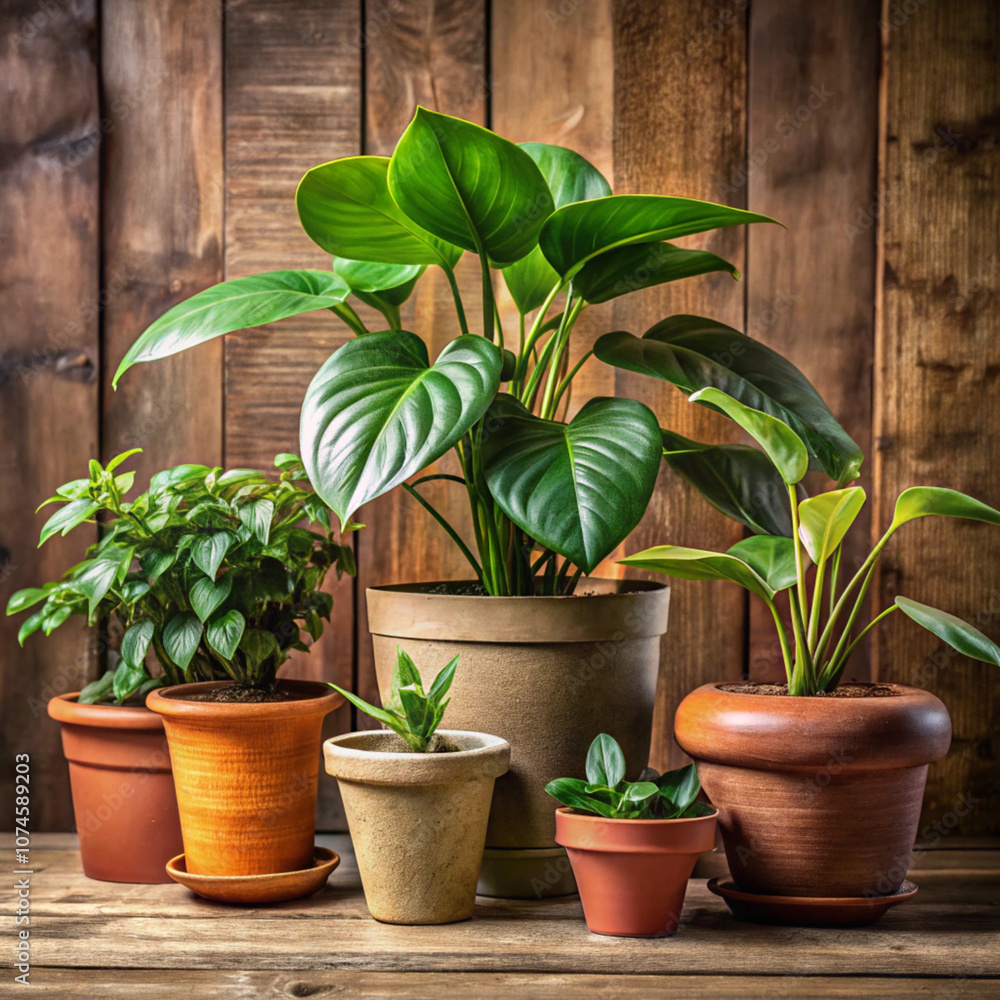 Assortment of Lush Green Houseplants in Rustic Clay Pots on Wooden Table, Ideal for Natural and Eco-Friendly Home Décor Ideas Assortment of Lush Green Houseplants in Rustic Clay Pots on Wooden Table, Ideal for Natural and Eco-Friendly Home Décor Ideas