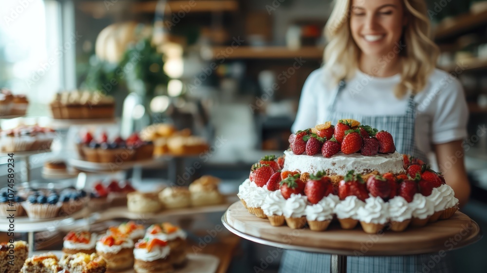A smiling woman, wearing an apron, presents a beautifully decorated cake topped with fresh strawberries in a charming bakery with various pastry displays. A smiling woman, wearing an apron, presents a beautifully decorated cake topped with fresh strawberries in a charming bakery with various pastry displays.