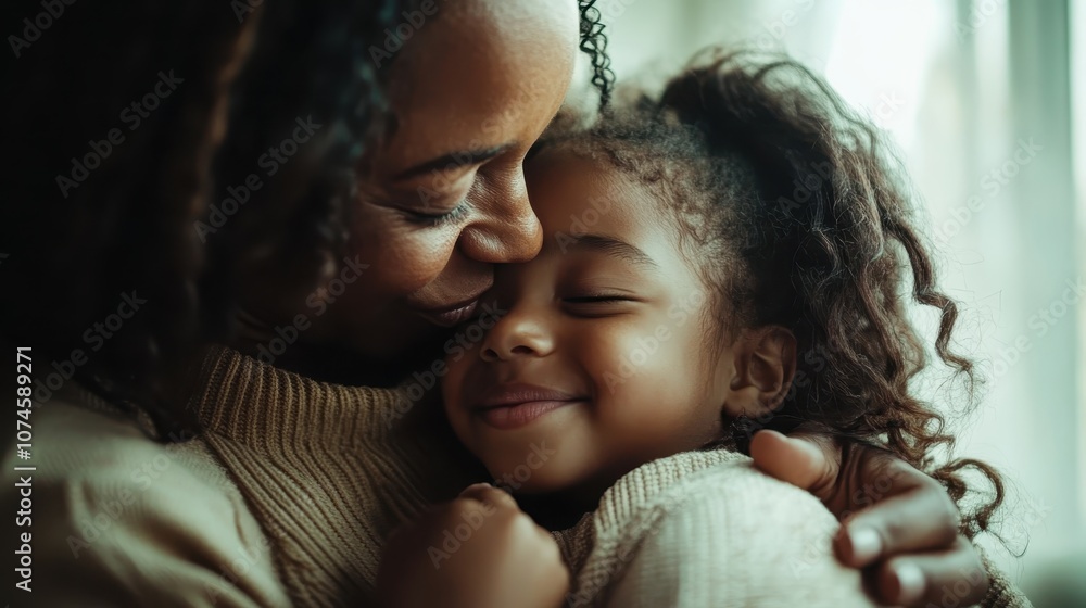 A serene scene features a mother tenderly kissing her daughter's cheek in a loving embrace, embodying affection, comfort and security within a tranquil home environment. A serene scene features a mother tenderly kissing her daughter's cheek in a loving embrace, embodying affection, comfort and security within a tranquil home environment.