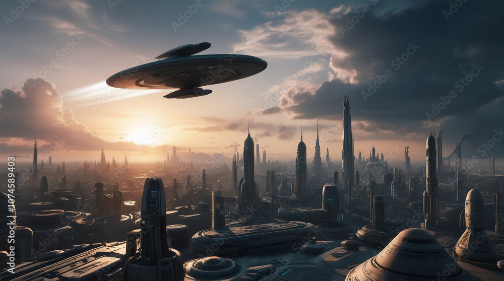 © Tiziano Cremonini - spaceship flying over a futuristic city, sunset in the sky with clouds, science fiction scenery © Tiziano Cremonini - spaceship flying over a futuristic city, sunset in the sky with clouds, science fiction scenery