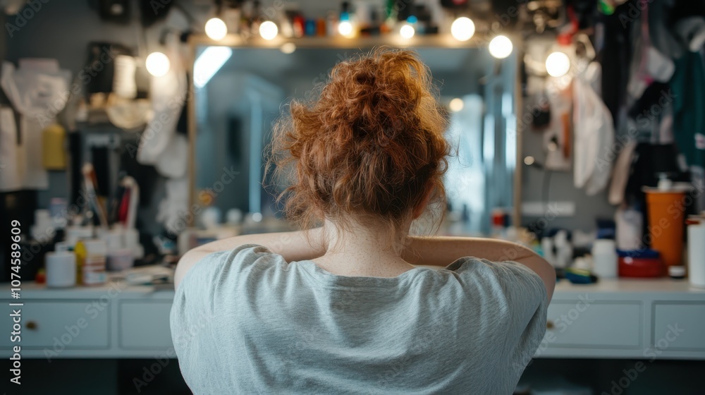 A person sits contemplatively before a cluttered dressing room mirror, capturing a moment of introspection, amidst numerous personal and beauty items scattered around. A person sits contemplatively before a cluttered dressing room mirror, capturing a moment of introspection, amidst numerous personal and beauty items scattered around.