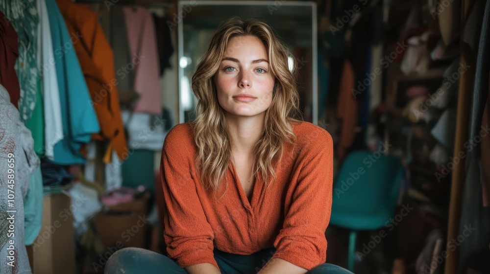 A casually dressed woman is seated in a vibrant wardrobe room, surrounded by coats and fabrics, conveying a sense of comfort and fashion-forward thinking. A casually dressed woman is seated in a vibrant wardrobe room, surrounded by coats and fabrics, conveying a sense of comfort and fashion-forward thinking.