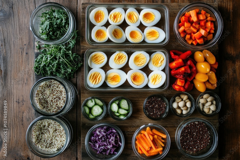 A flat lay of a healthy egg-based meal prep, featuring containers with boiled eggs, quinoa, and roasted vegetables, neatly arranged on a wooden surface. A flat lay of a healthy egg-based meal prep, featuring containers with boiled eggs, quinoa, and roasted vegetables, neatly arranged on a wooden surface.