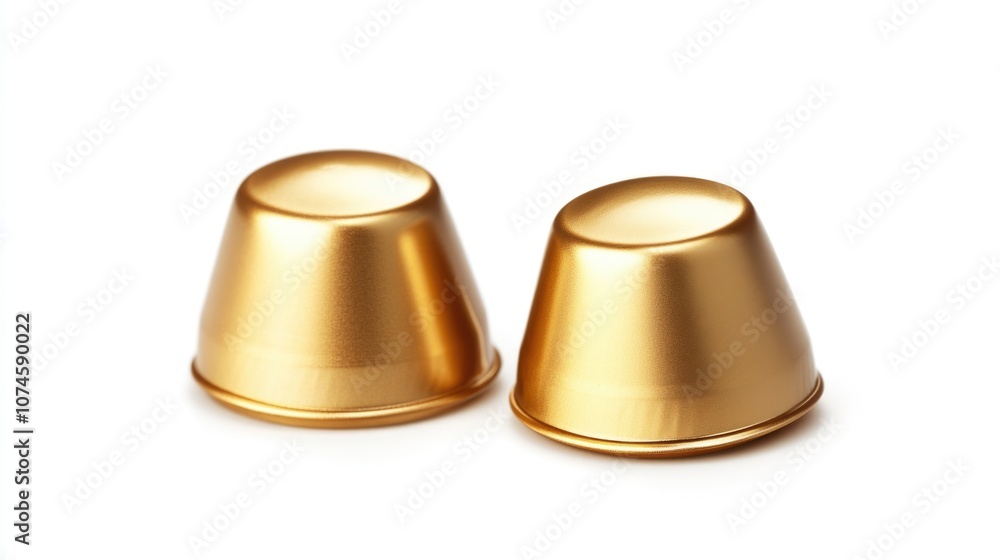 A pair of gold metal cups sit on a clean white surface A pair of gold metal cups sit on a clean white surface