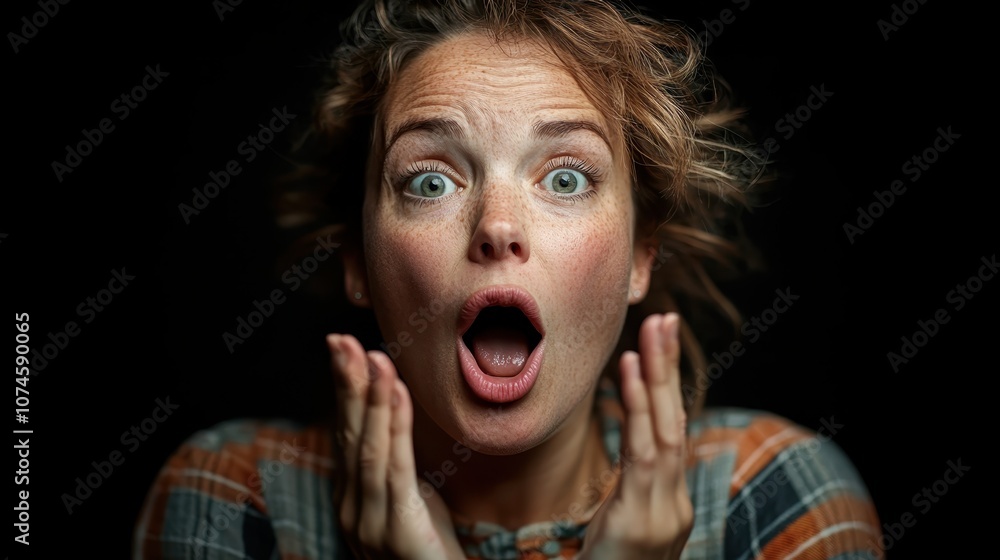 A woman displays a shocked expression with her hands on her face under dramatic lighting, revealing intense emotion and surprise in the portrait-style image. A woman displays a shocked expression with her hands on her face under dramatic lighting, revealing intense emotion and surprise in the portrait-style image.