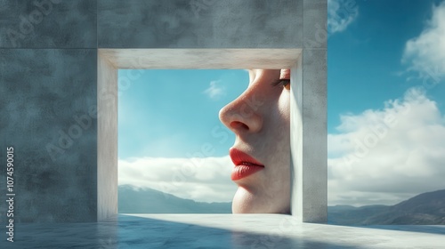 A surreal image featuring a serene face merging with a window view of clouds and sky, suggestive of introspection, dreams, and the blending of reality and imagination.