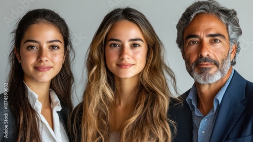 Portrait of Spanish business professionals, mixed ages, teens and seniors, isolated, white background