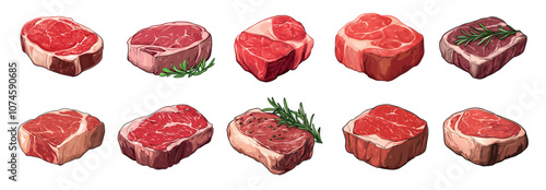 Raw meat red beef stake piece set with rosemary. Healthy uncooked food protein meal. Butcher shop menu culinary recipe dinner ingridient design element. Cartoon style isolated vector clipart